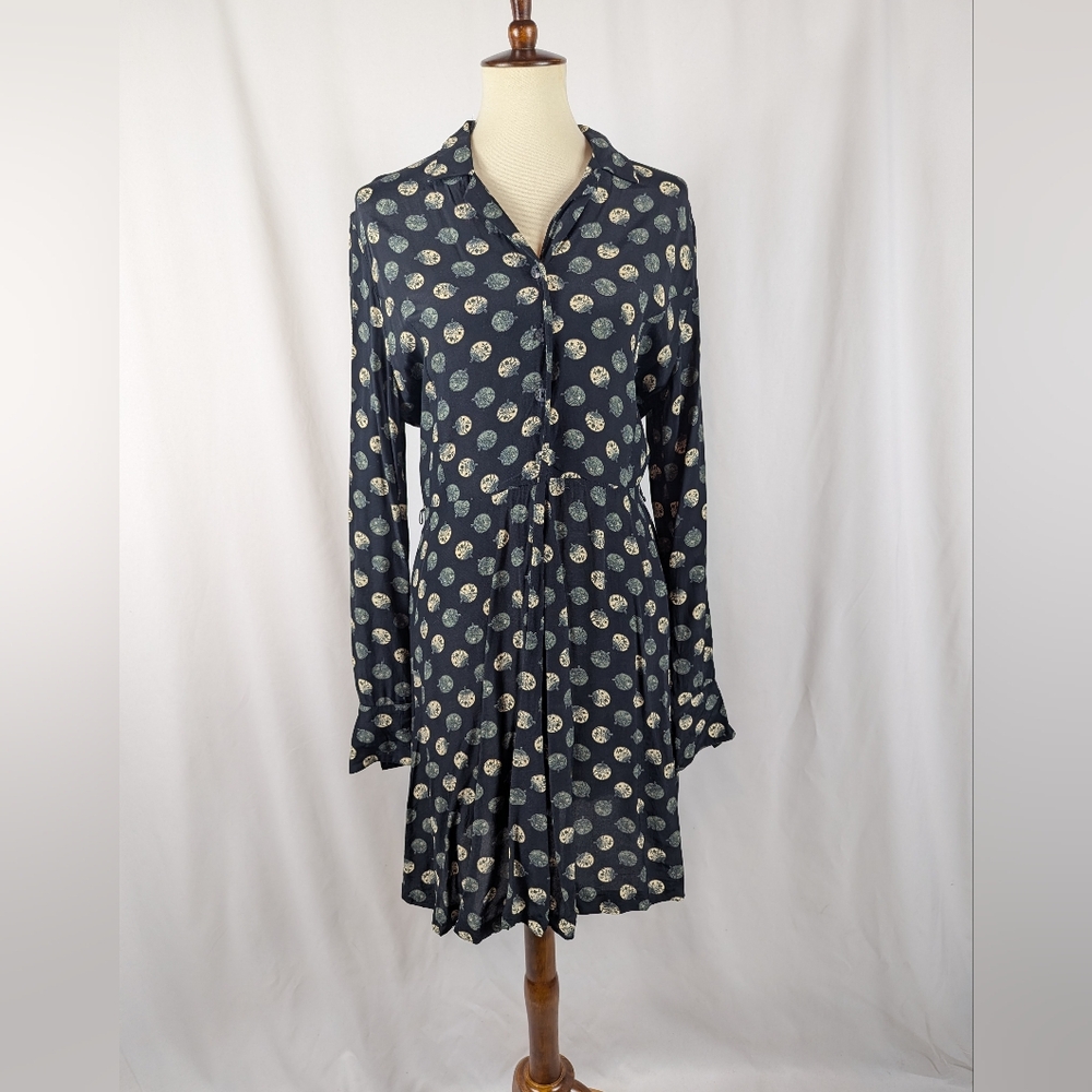 Looks Vintage Dress Blue White Japanese Decorative Paper Fans Print 80s Size 8